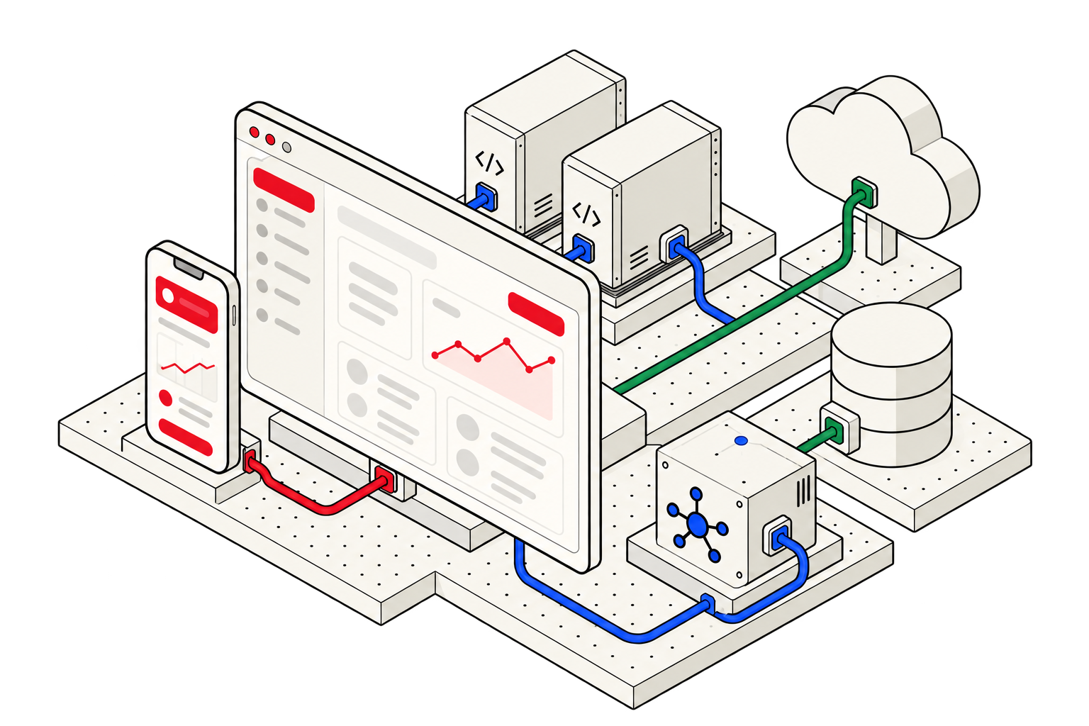 Web and mobile interfaces connected to application services, an AI module, a database, and cloud infrastructure.