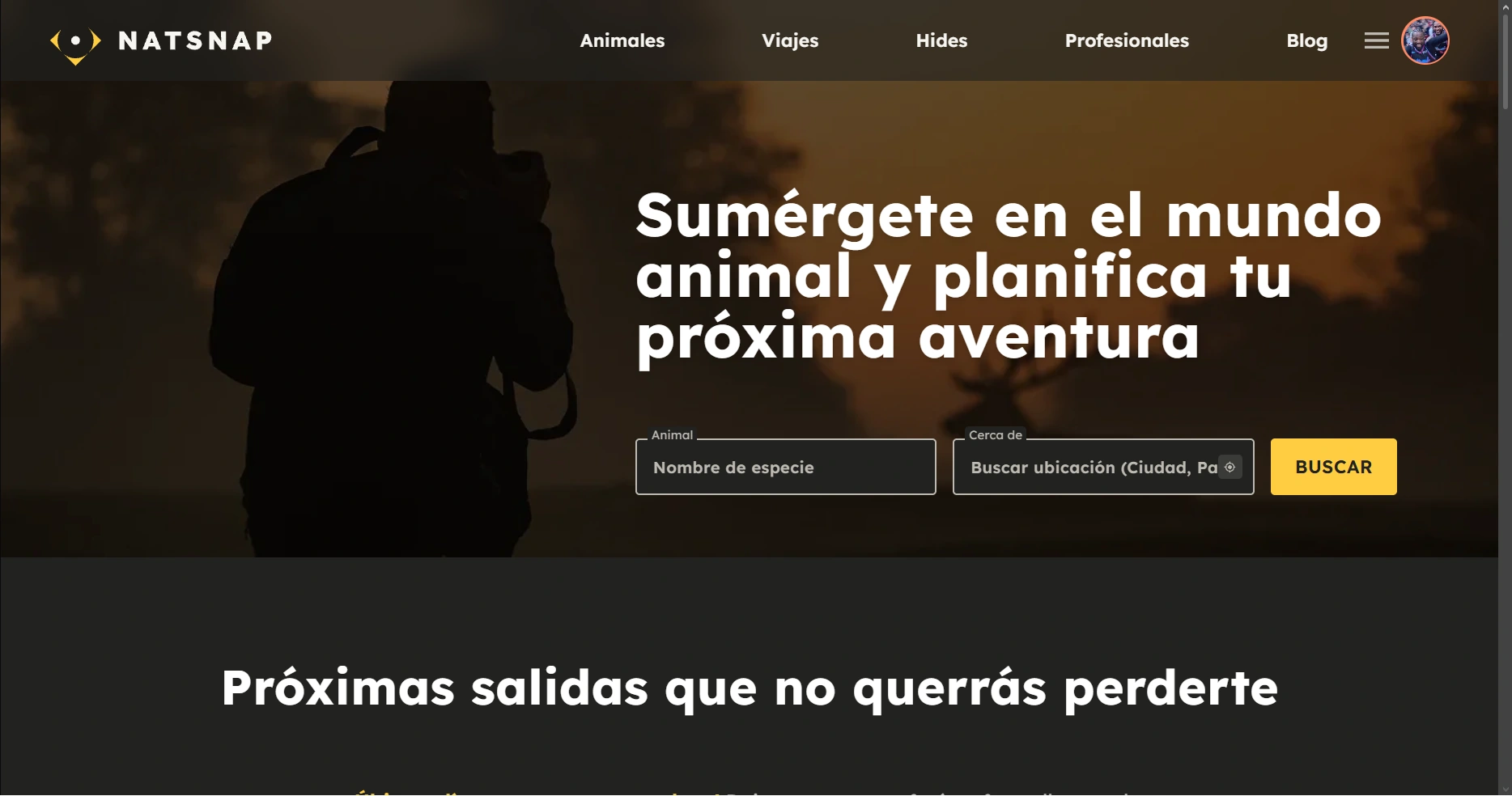 NatSnap homepage with wildlife discovery and species search.