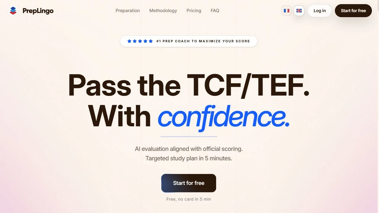 PrepLingo homepage introducing TCF and TEF exam preparation.