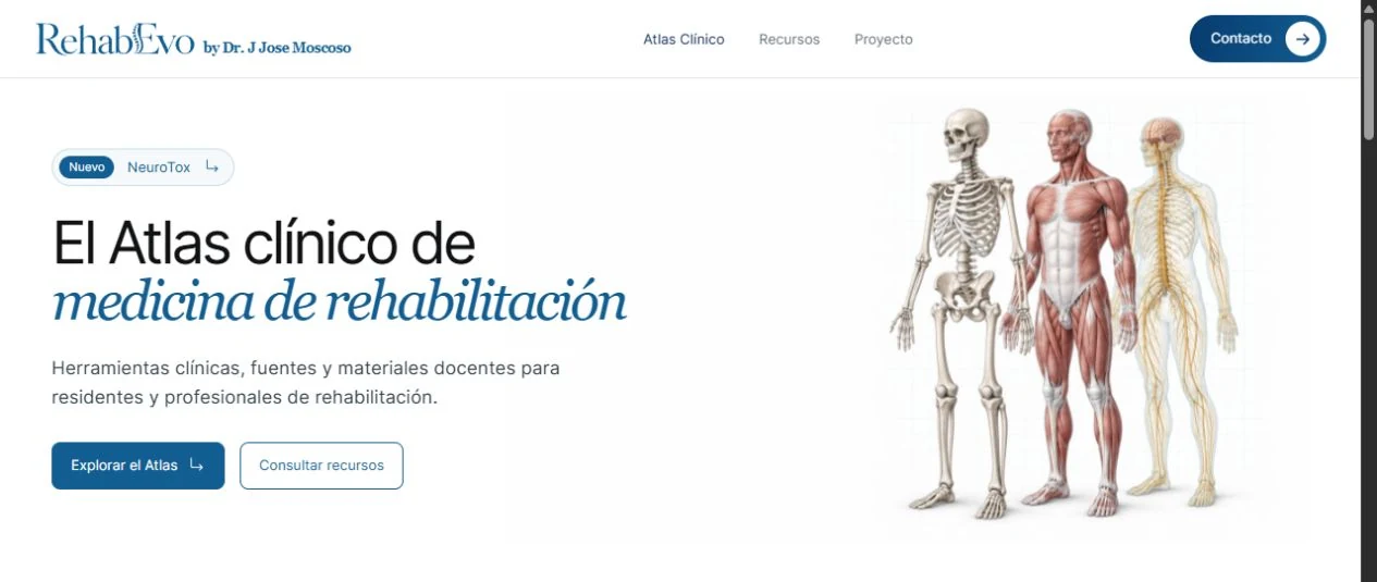 RehabEvo homepage introducing its rehabilitation medicine platform.